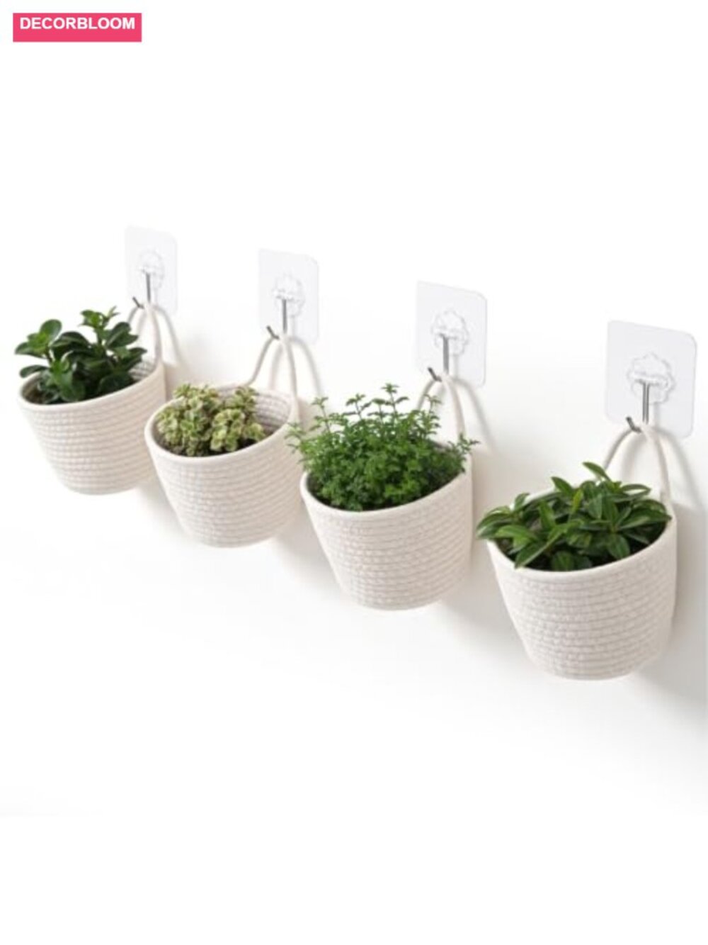 Set of 4 Woven Cotton Hanging Storage Baskets with Adhesive Hooks, Boho Wall